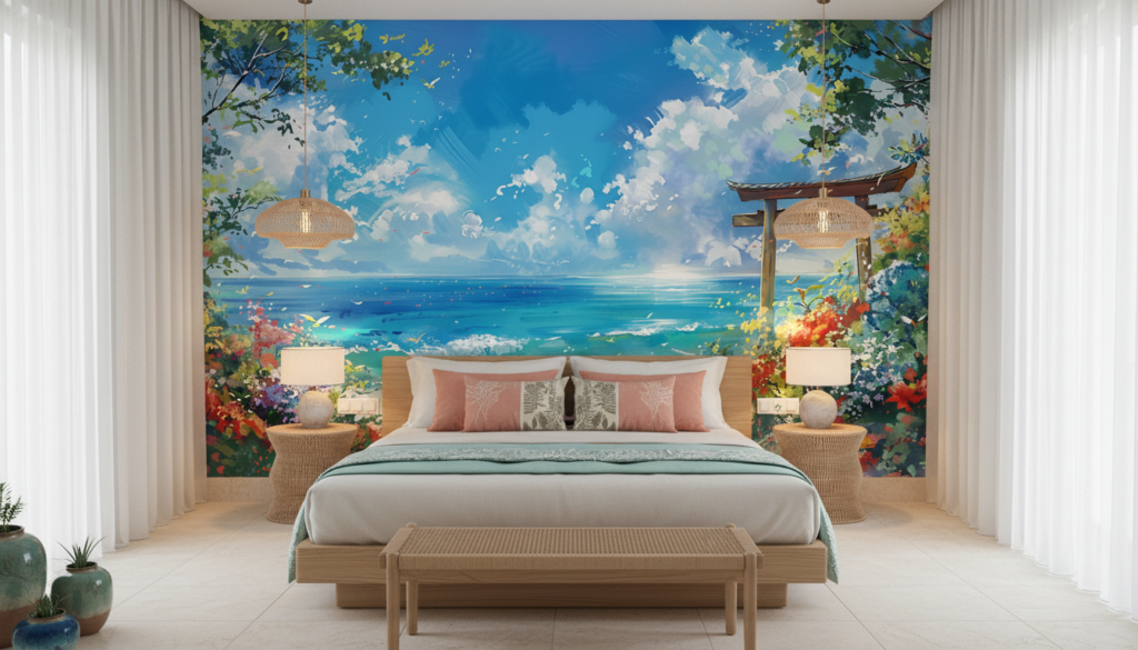 Plage Tropicale avec Torii Japonais et Végétation Luxuriante Colorée - Hôtel