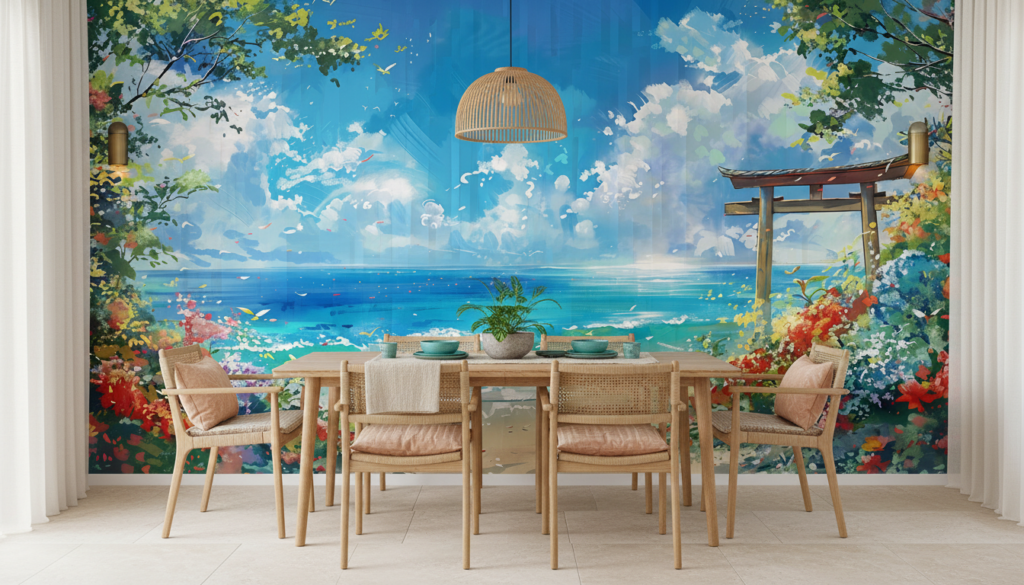 Plage Tropicale avec Torii Japonais et Végétation Luxuriante Colorée - Salle à manger