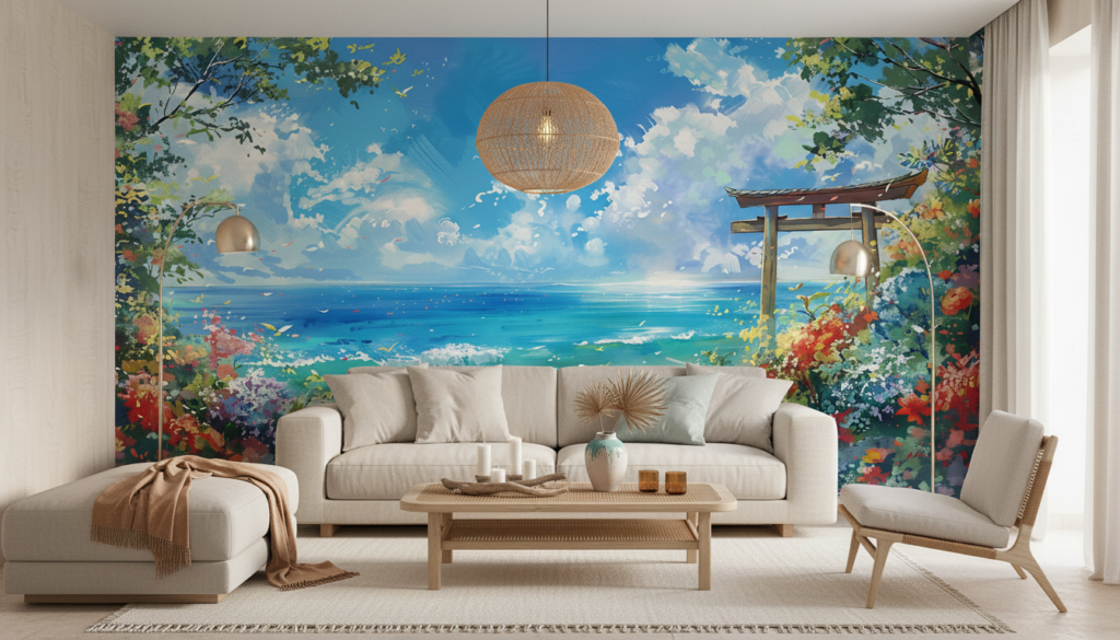 Plage Tropicale avec Torii Japonais et Végétation Luxuriante Colorée - Salon / Séjour