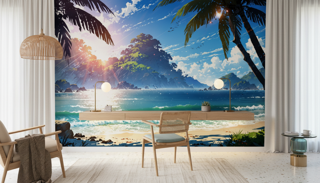 Plage tropicale paradisiaque au coucher de soleil avec palmiers - Bureau