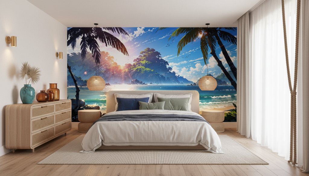 Plage tropicale paradisiaque au coucher de soleil avec palmiers - Chambre adulte
