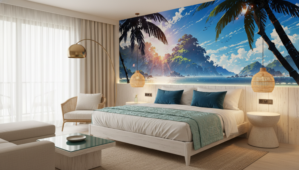 Plage tropicale paradisiaque au coucher de soleil avec palmiers - Hôtel