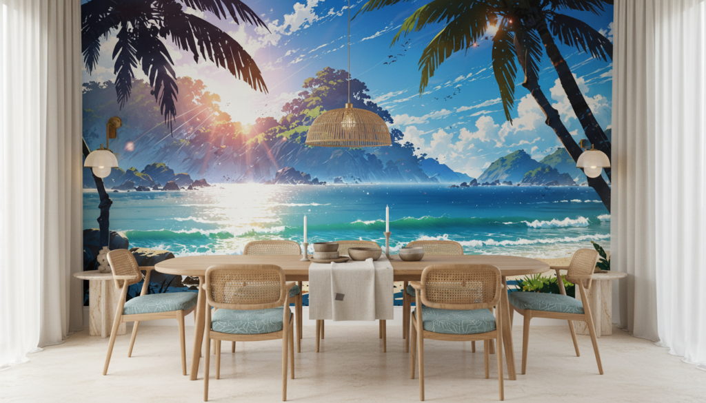 Plage tropicale paradisiaque au coucher de soleil avec palmiers - Salle à manger