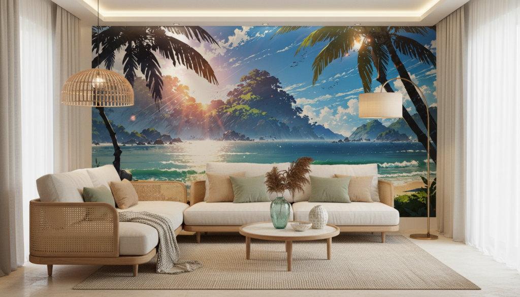 Plage tropicale paradisiaque au coucher de soleil avec palmiers - Salon / Séjour