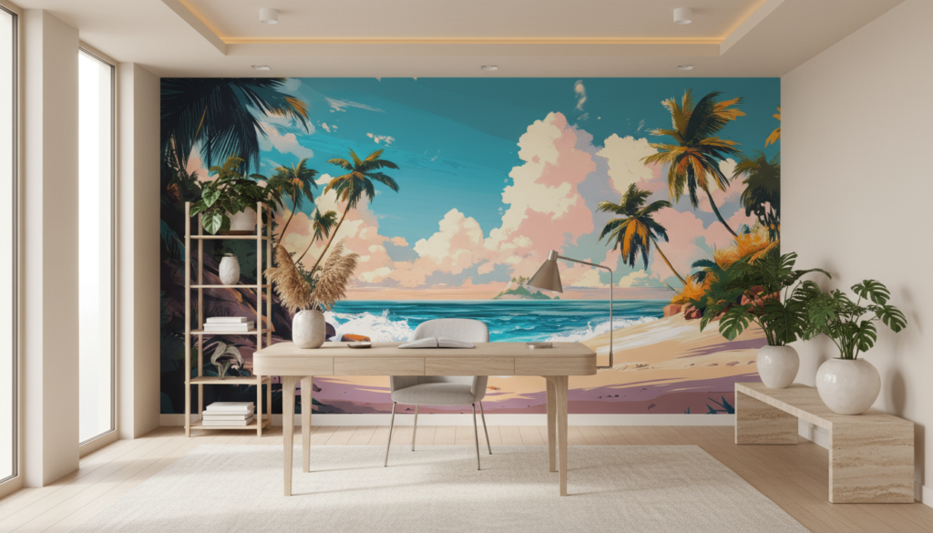 Plage tropicale paradisiaque au coucher de soleil avec palmiers - Bureau