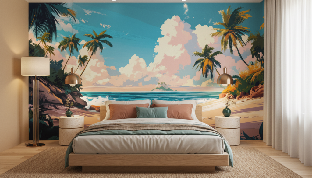 Plage tropicale paradisiaque au coucher de soleil avec palmiers - Chambre adulte