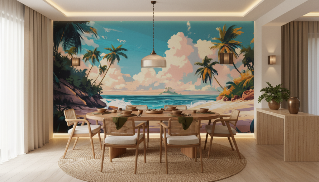 Plage tropicale paradisiaque au coucher de soleil avec palmiers - Salle à manger