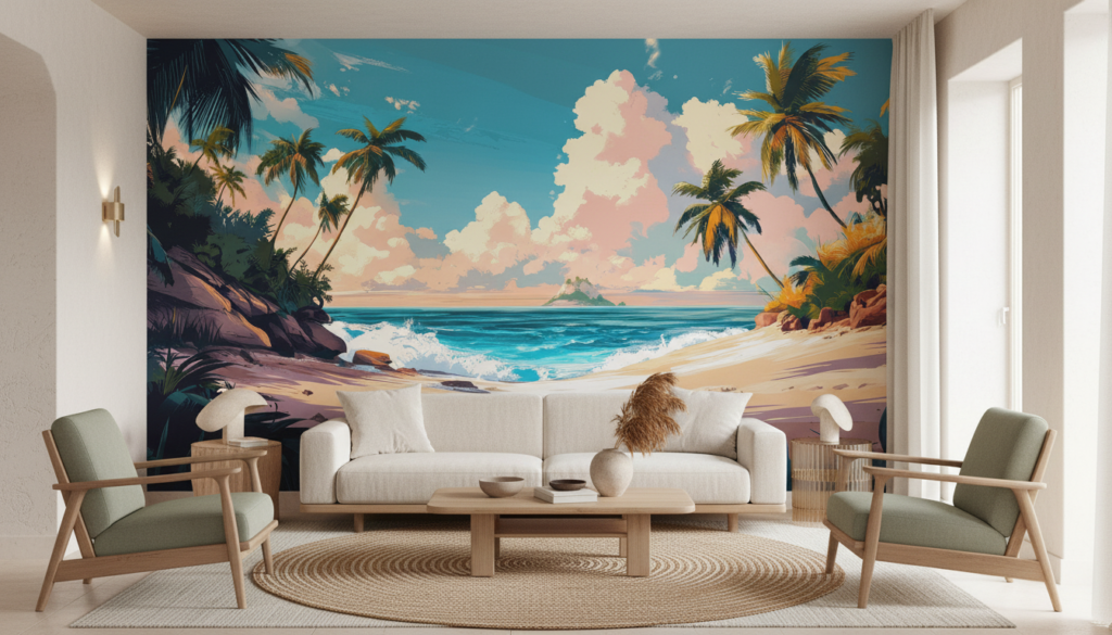 Plage tropicale paradisiaque au coucher de soleil avec palmiers - Salon / Séjour