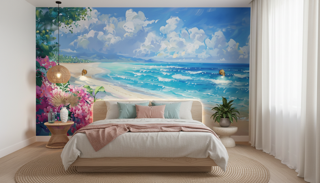 Plage tropicale paradisiaque avec fleurs roses et océan turquoise - Chambre adulte