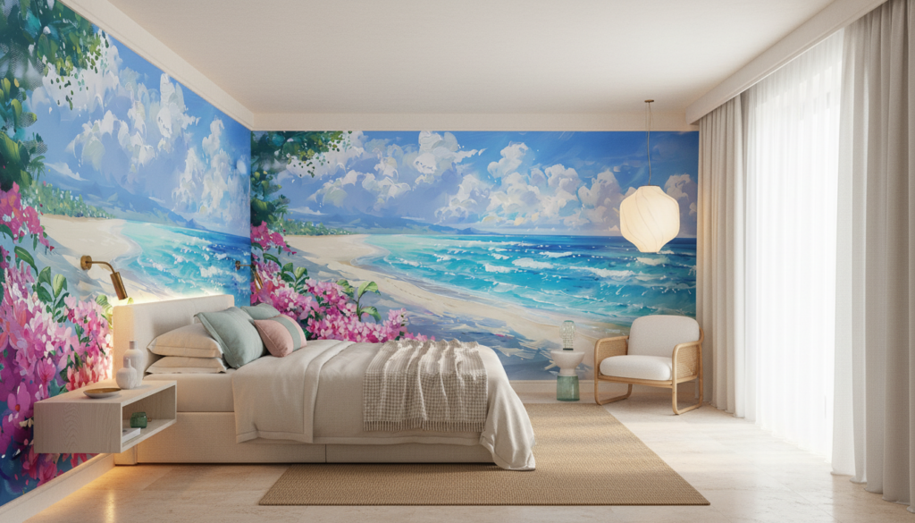 Plage tropicale paradisiaque avec fleurs roses et océan turquoise - Hôtel