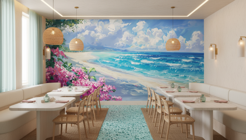 Plage tropicale paradisiaque avec fleurs roses et océan turquoise - Restaurant