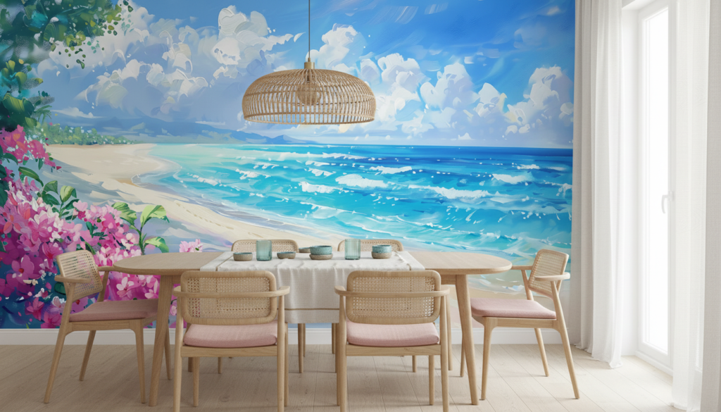 Plage tropicale paradisiaque avec fleurs roses et océan turquoise - Salle à manger