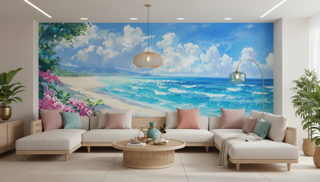 Plage tropicale paradisiaque avec fleurs roses et océan turquoise - Salon / Séjour