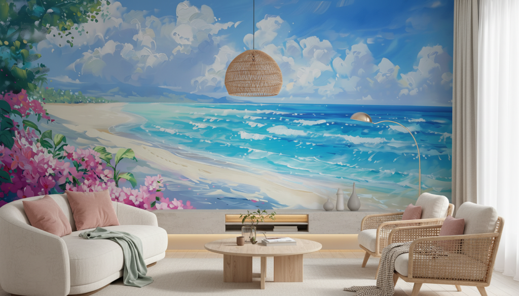 Plage tropicale paradisiaque avec fleurs roses et océan turquoise - Salon / Séjour