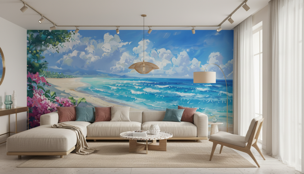 Plage tropicale paradisiaque avec fleurs roses et océan turquoise - Salon / Séjour