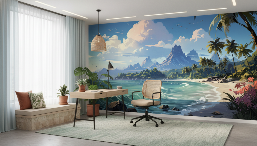 Plage tropicale paradisiaque avec montagnes volcaniques et palmiers exotiques - Bureau