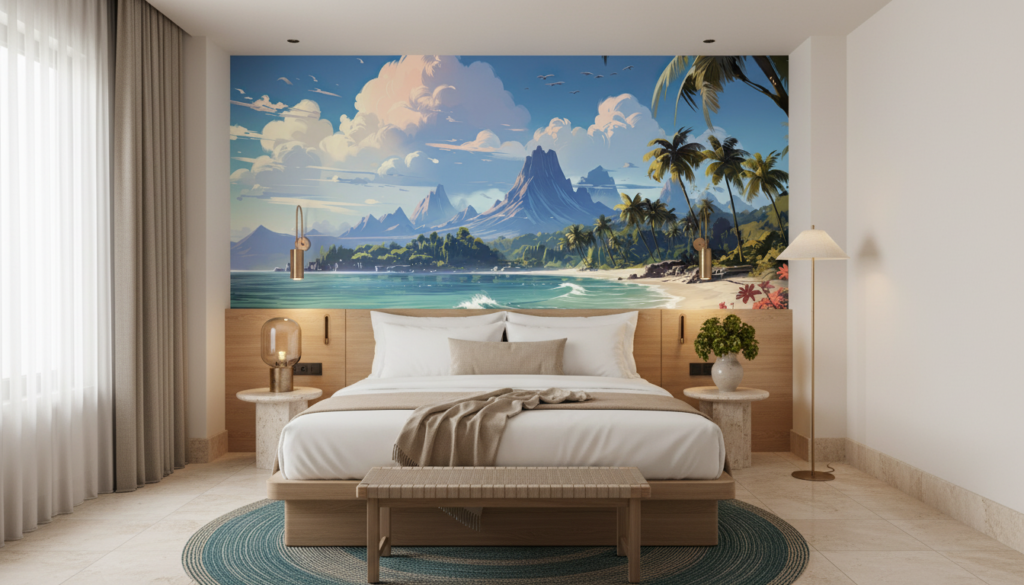 Plage tropicale paradisiaque avec montagnes volcaniques et palmiers exotiques - Hôtel