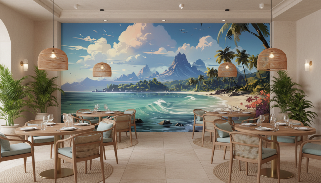 Plage tropicale paradisiaque avec montagnes volcaniques et palmiers exotiques - Restaurant