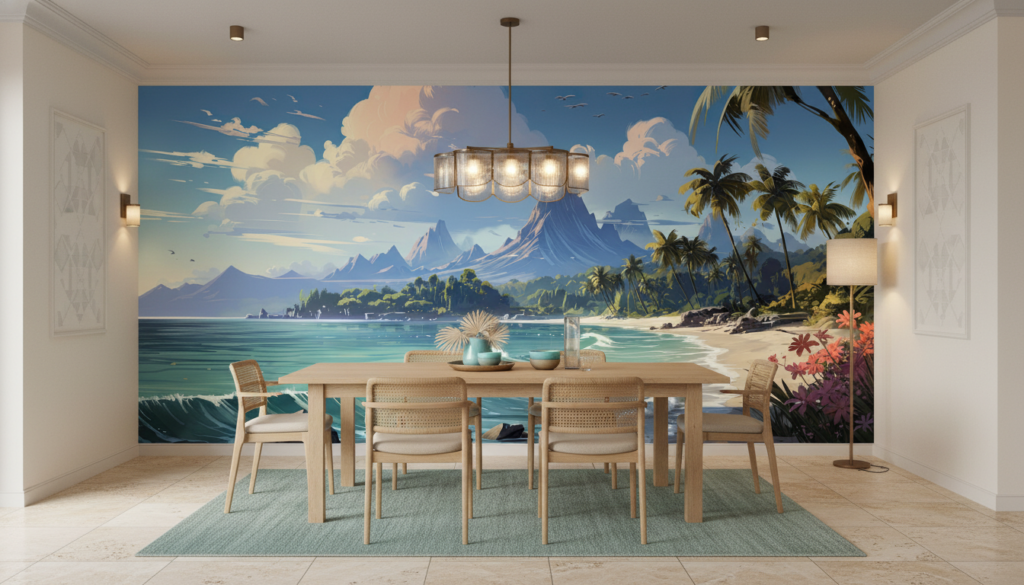 Plage tropicale paradisiaque avec montagnes volcaniques et palmiers exotiques - Salle à manger