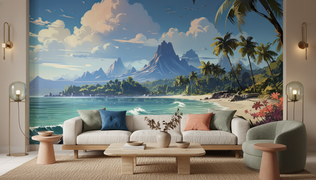 Plage tropicale paradisiaque avec montagnes volcaniques et palmiers exotiques - Salon / Séjour