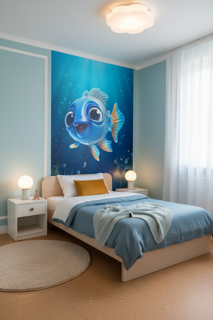 Poisson Tropical Bleu Cartoon dans Océan Lumineux et Bulles - Chambre enfant
