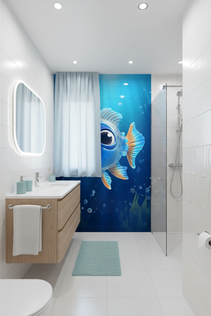Poisson Tropical Bleu Cartoon dans Océan Lumineux et Bulles - Salle de bain