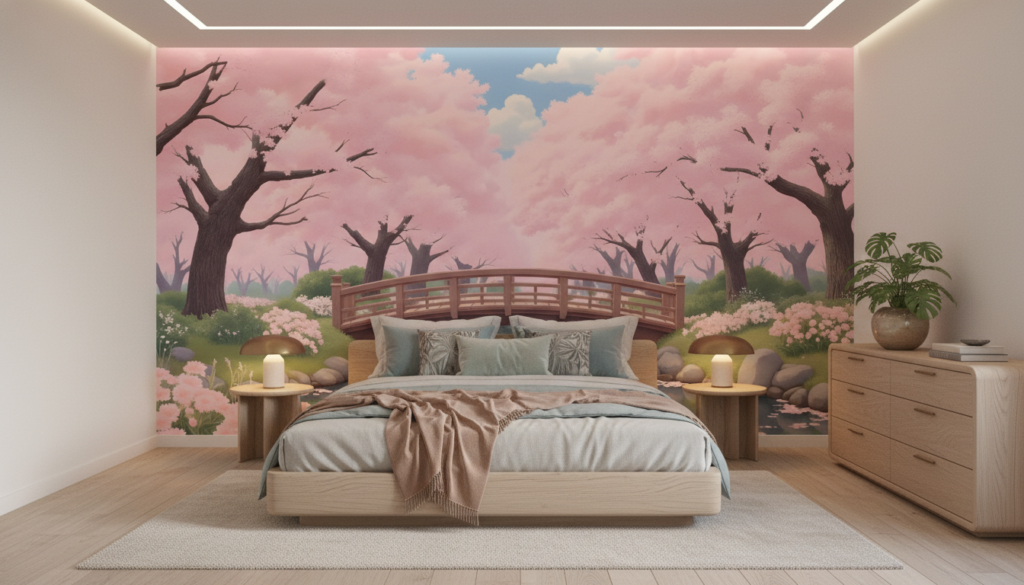 Pont japonais dans jardin zen aux cerisiers roses - Chambre adulte