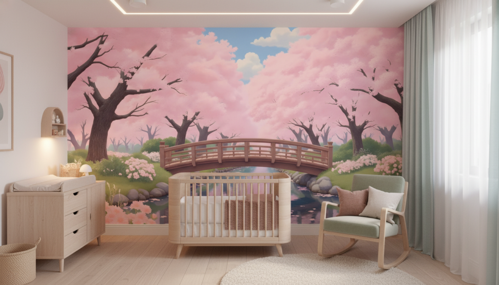 Pont japonais dans jardin zen aux cerisiers roses - Chambre bébé