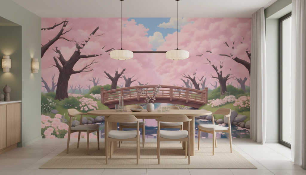 Pont japonais dans jardin zen aux cerisiers roses - Salle à manger