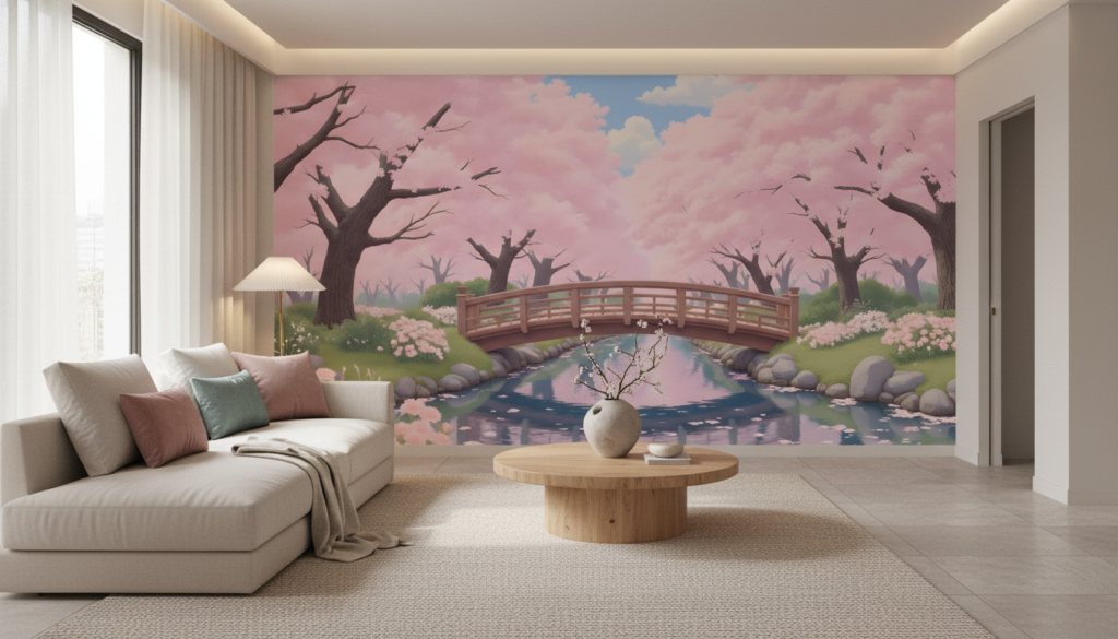 Pont japonais dans jardin zen aux cerisiers roses - Salon / Séjour