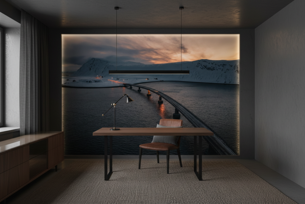 Pont moderne au coucher de soleil sur fjord enneigé scandinave - Bureau