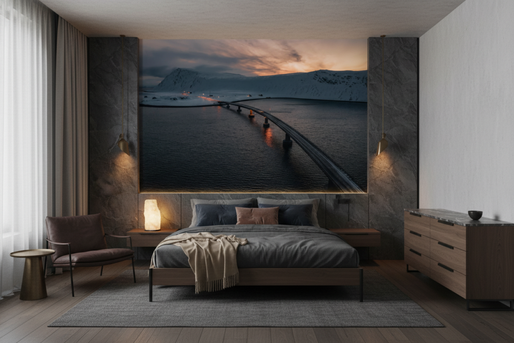 Pont moderne au coucher de soleil sur fjord enneigé scandinave - Chambre adulte