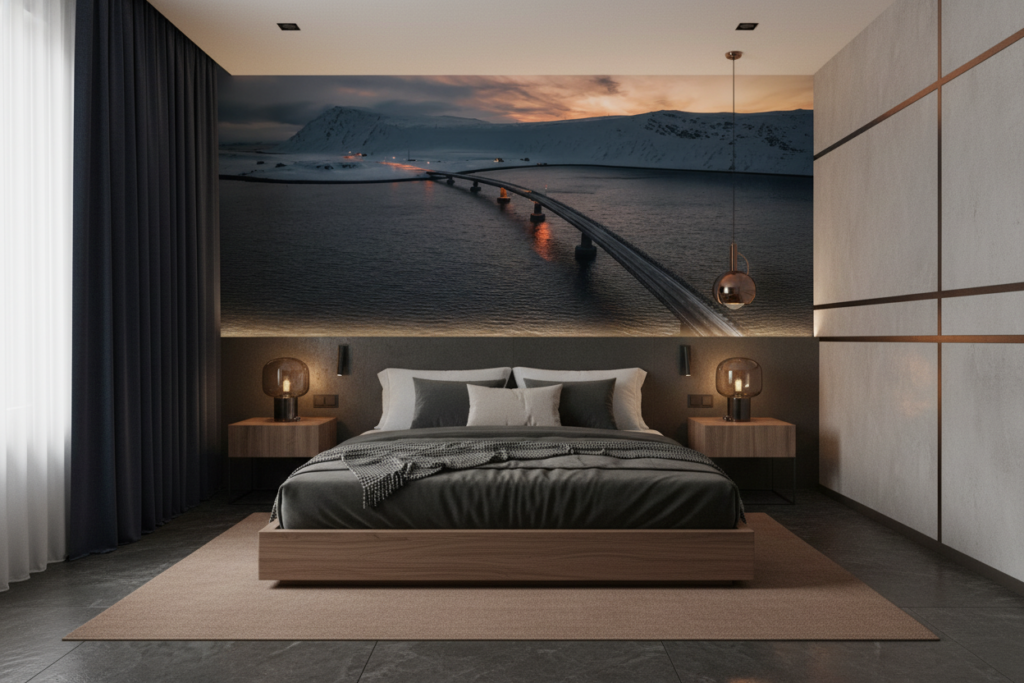 Pont moderne au coucher de soleil sur fjord enneigé scandinave - Hôtel