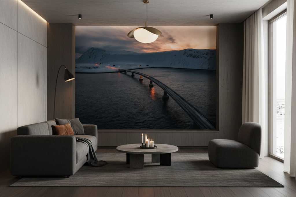 Pont moderne au coucher de soleil sur fjord enneigé scandinave - Salon / Séjour