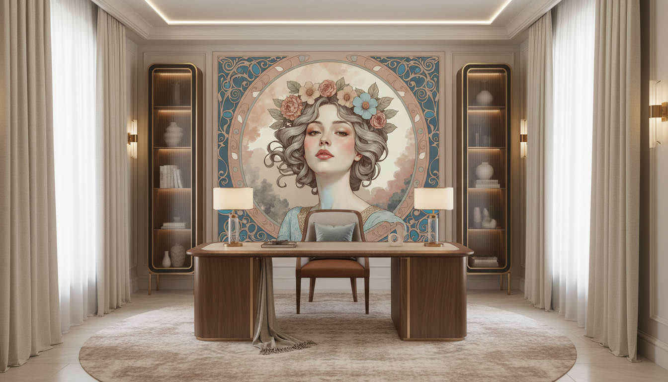 Portrait Art Nouveau Floral Couronne Ornements Décoratifs Vintage — Bureau