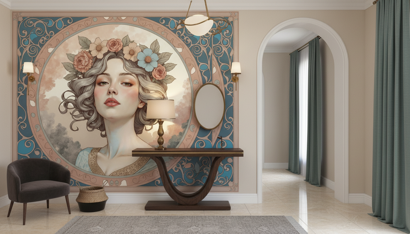 Portrait Art Nouveau Floral Couronne Ornements Décoratifs Vintage - Entrée