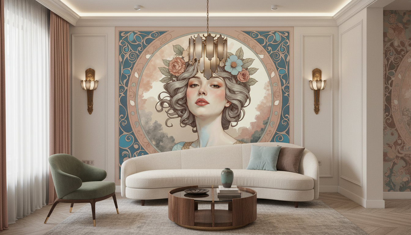 Portrait Art Nouveau Floral Couronne Ornements Décoratifs Vintage - Salon / Séjour