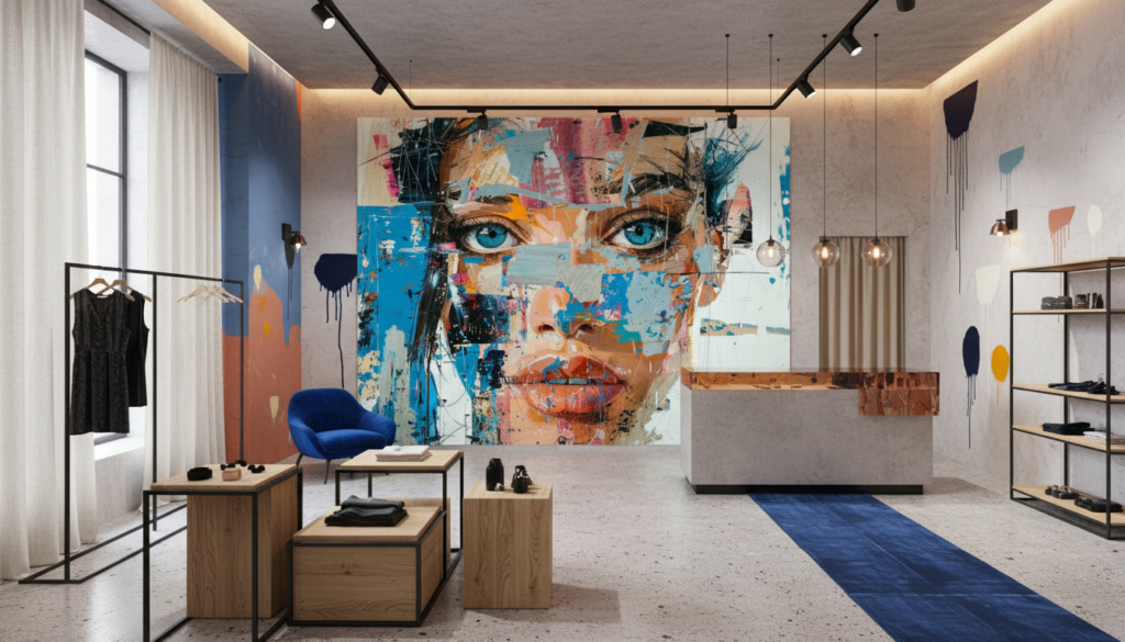 Portrait Artistique Abstrait aux Yeux Bleus Style Street Art - Boutique