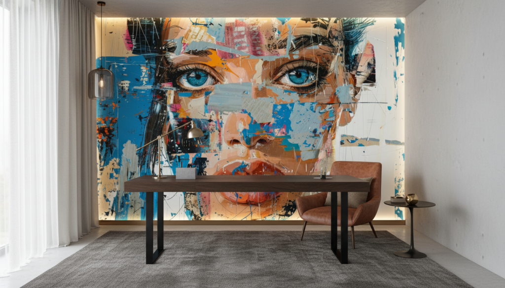 Portrait Artistique Abstrait aux Yeux Bleus Style Street Art - Bureau