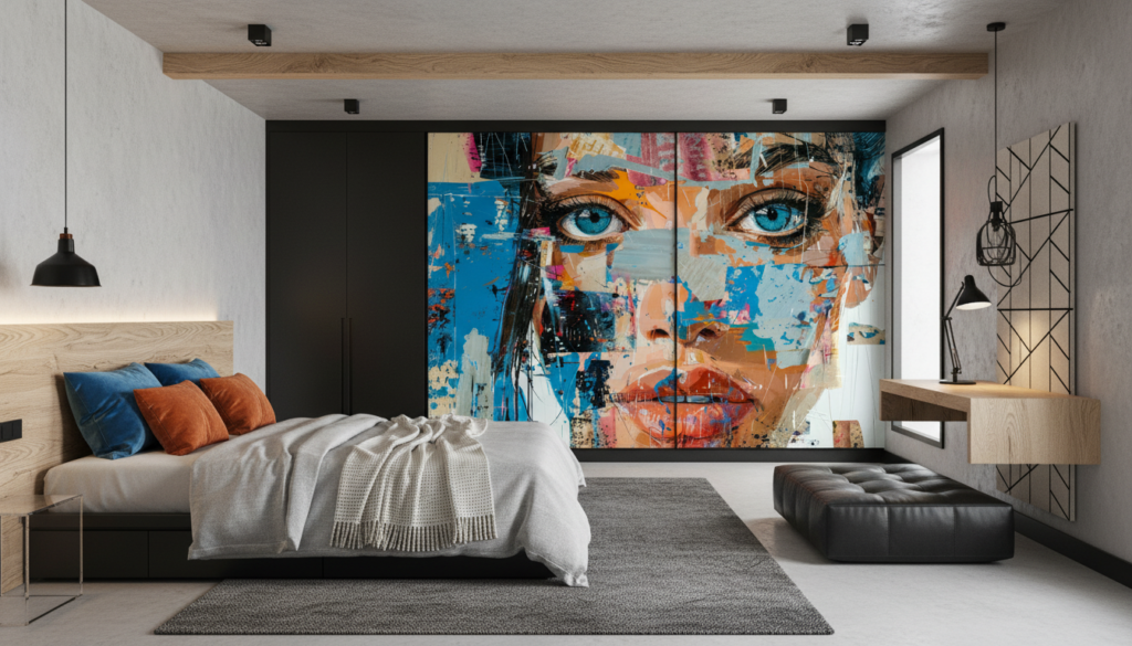 Portrait Artistique Abstrait aux Yeux Bleus Style Street Art - Chambre ado