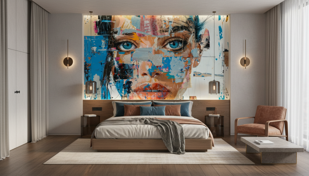 Portrait Artistique Abstrait aux Yeux Bleus Style Street Art - Chambre adulte