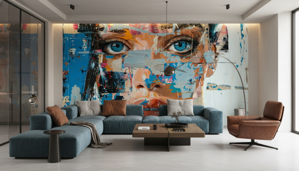 Portrait Artistique Abstrait aux Yeux Bleus Style Street Art - Salon / Séjour