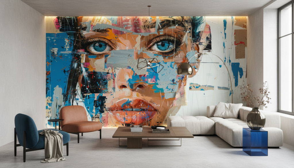 Portrait Artistique Abstrait aux Yeux Bleus Style Street Art - Salon / Séjour