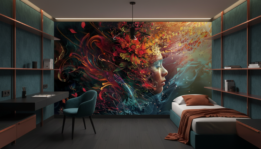 Portrait Artistique aux Flammes Colorées et Éléments Floraux Abstraits - Chambre ado