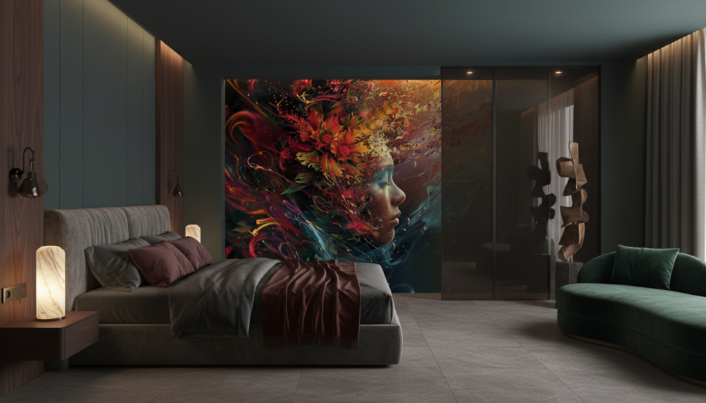 Portrait Artistique aux Flammes Colorées et Éléments Floraux Abstraits - Chambre adulte