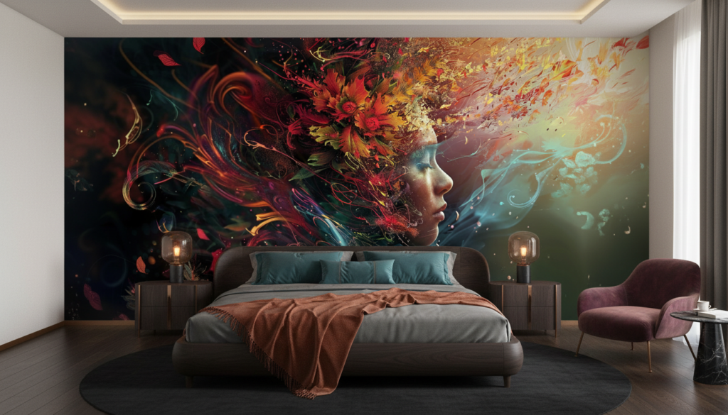 Portrait Artistique aux Flammes Colorées et Éléments Floraux Abstraits - Chambre adulte