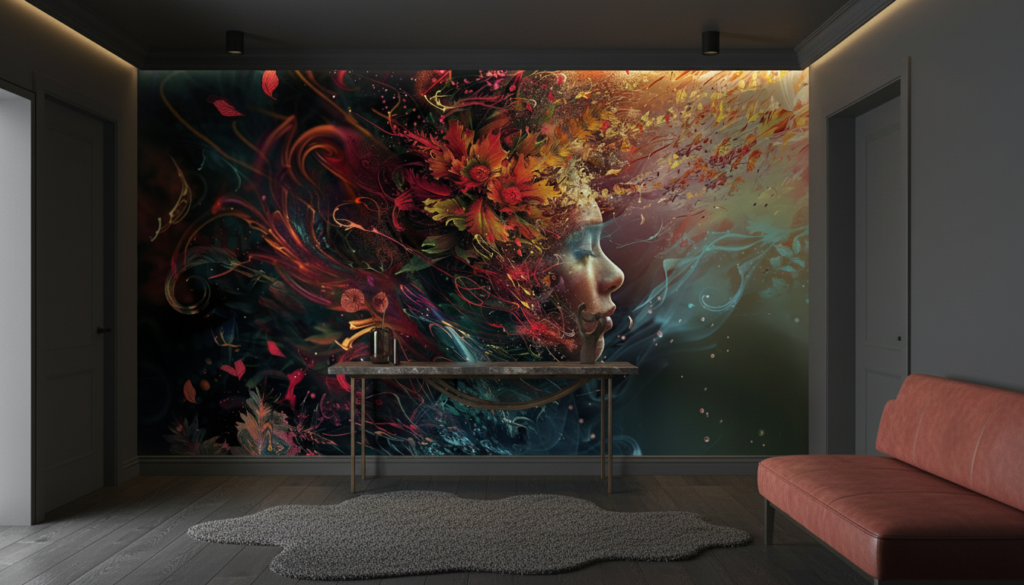 Portrait Artistique aux Flammes Colorées et Éléments Floraux Abstraits - Entrée