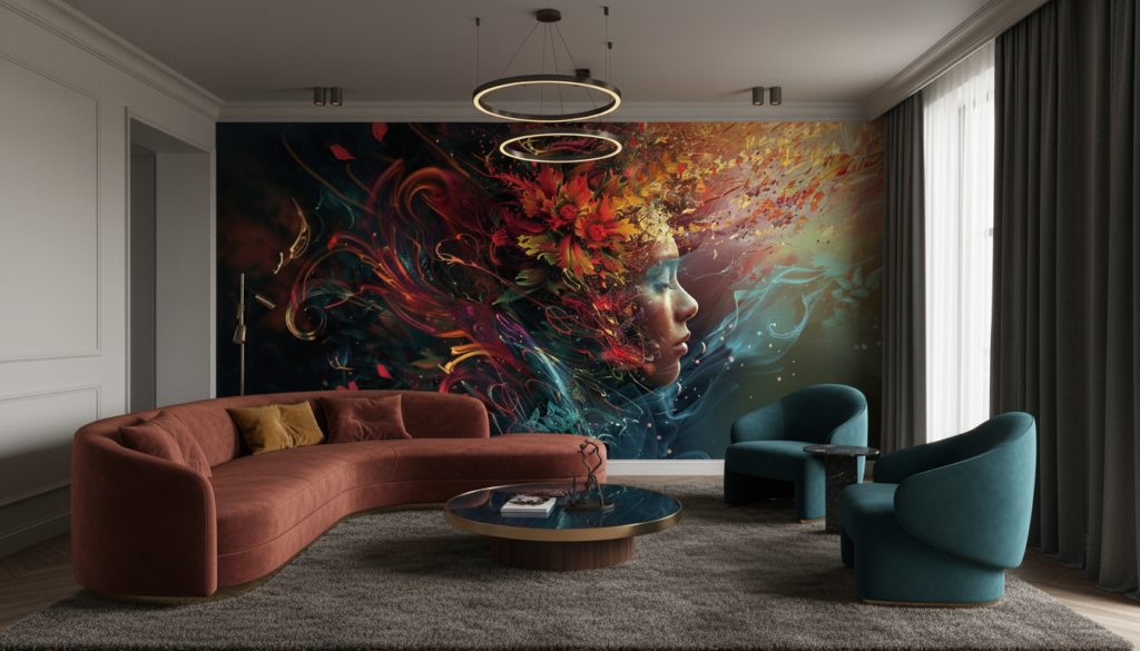 Portrait Artistique aux Flammes Colorées et Éléments Floraux Abstraits - Salon / Séjour