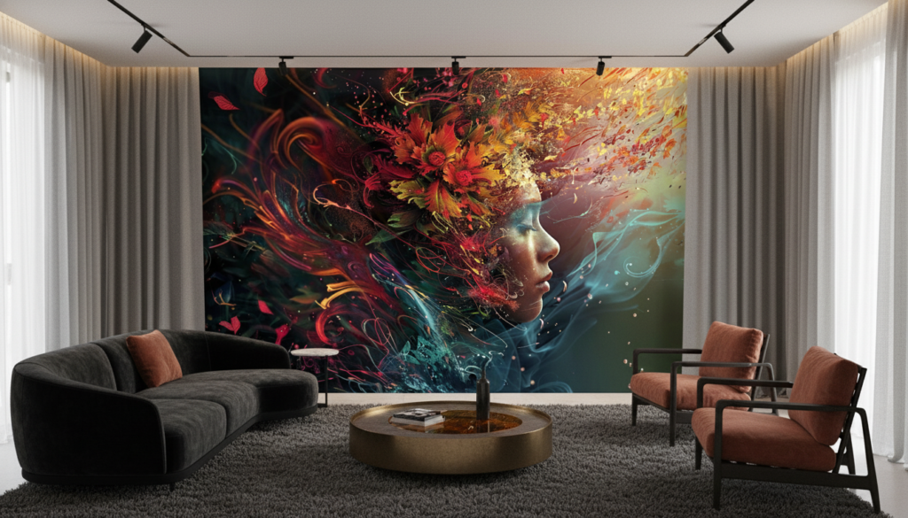 Portrait Artistique aux Flammes Colorées et Éléments Floraux Abstraits - Salon / Séjour