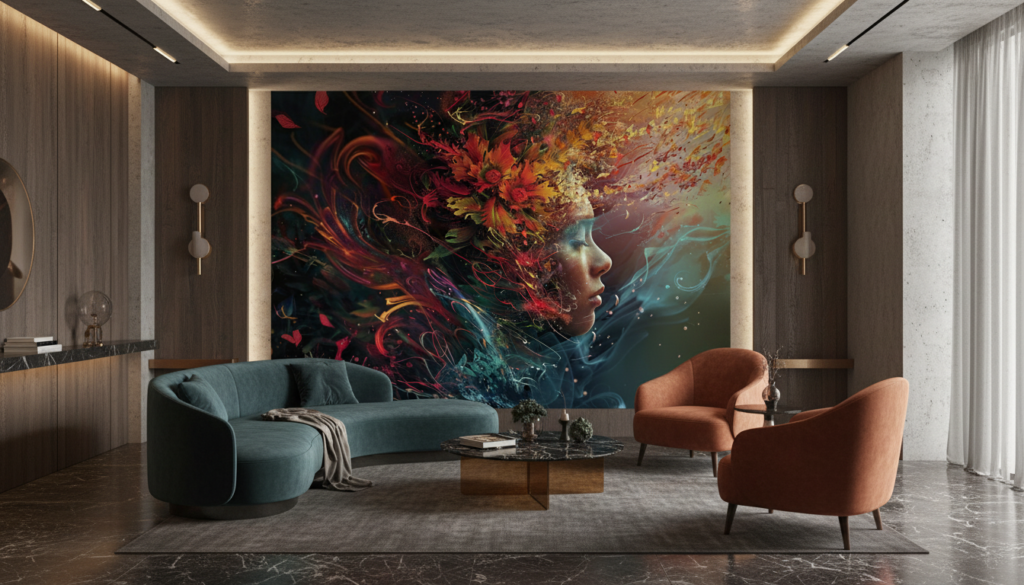 Portrait Artistique aux Flammes Colorées et Éléments Floraux Abstraits - Salon / Séjour